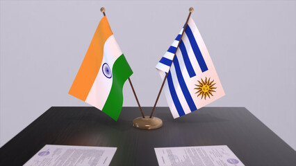Uruguay and India national flags. Partnership deal 3D illustration, politics and business agreement cooperation
