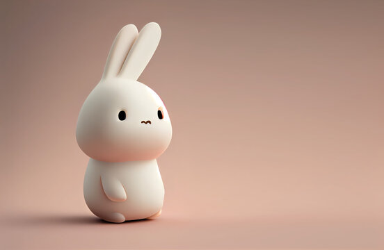 Cute white baby rabbit 3d character. Cartoon bunny with big eyes. 3d render illustration. Generative AI art. Farm animals set. Minimal plastic style. Copy space