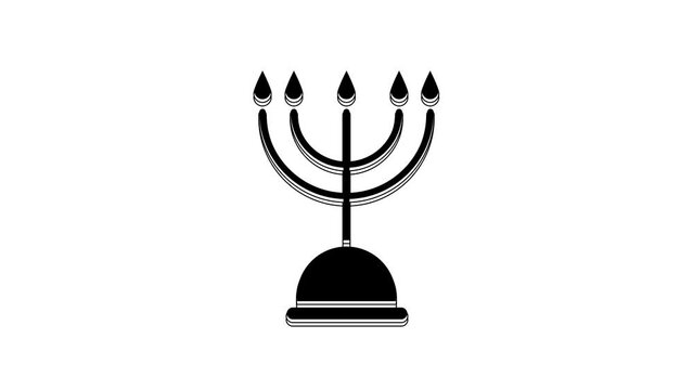 Black Hanukkah menorah icon isolated on white background. Hanukkah traditional symbol. Holiday religion, jewish festival of Lights. 4K Video motion graphic animation