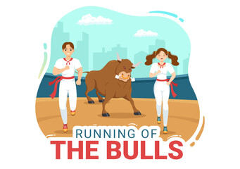 Running of the Bulls Illustration with Bullfighting Show in Arena in Flat Cartoon Hand Drawn for Web Banner or Landing Page Template