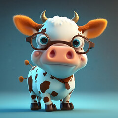 Funny smart cow 3d character. Cartoon cow with big eyes. 3d render illustration. Generative AI art. Farm animals set. 
