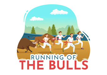 Running of the Bulls Illustration with Bullfighting Show in Arena in Flat Cartoon Hand Drawn for Web Banner or Landing Page Template