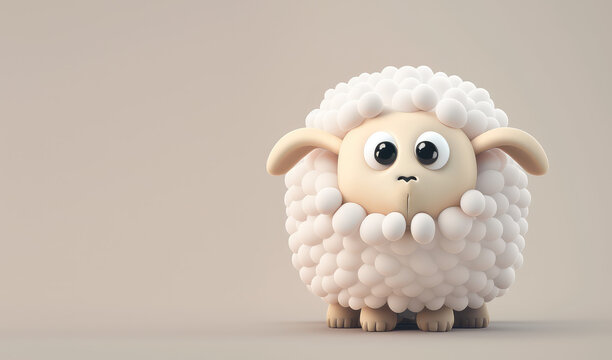 Cute pastel baby sheep 3d character. Cartoon curly sheep with big eyes. 3d render illustration. Generative AI art. Farm animals set. Minimal plastic style.