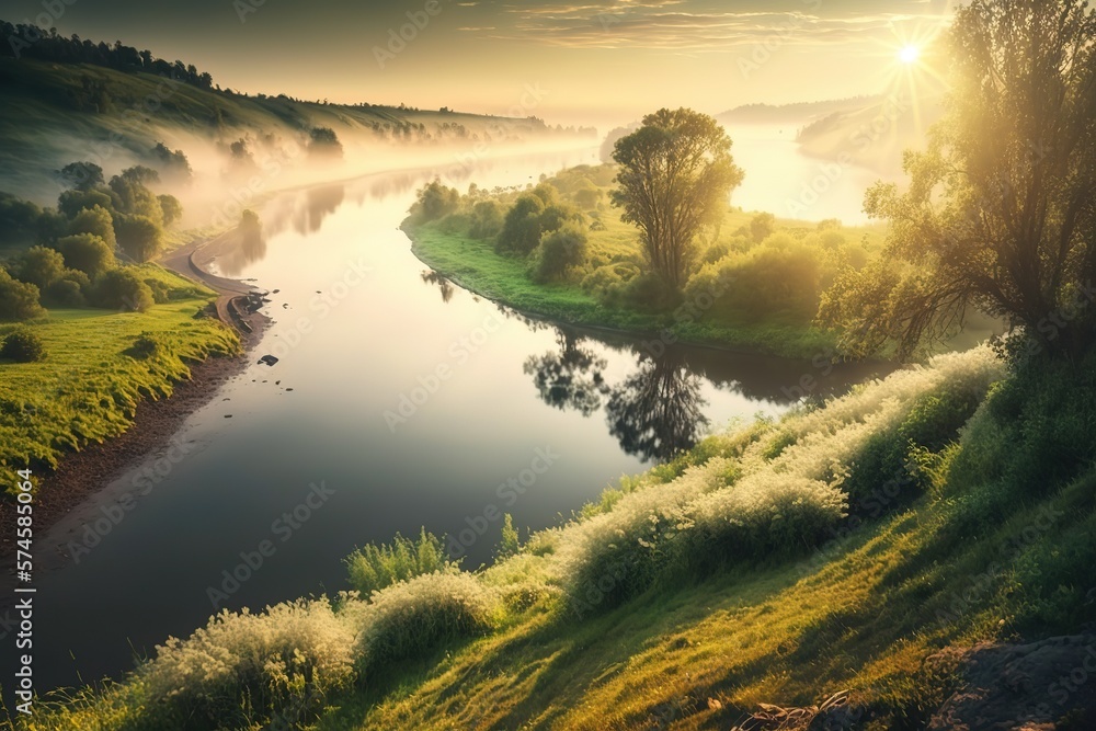 Wall mural Foggy river with fresh green grass in the sunlight. Fantastic magic illustration. AI