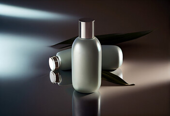 Green glass cosmetics bottle on the dark background with shadow. AI Generated