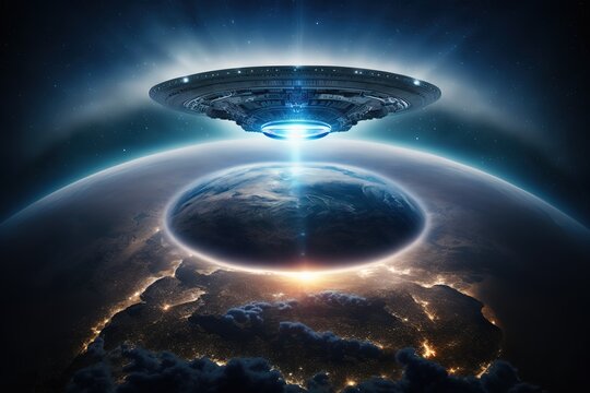 UFO illuminates the planet Earth.Fantastic magic illustration. AI