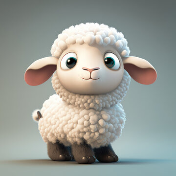 Cute baby sheep 3d character isolated. Cartoon curly sheep with big eyes. 3d render illustration. Generative AI art. Farm animals set. Minimal plastic style.
