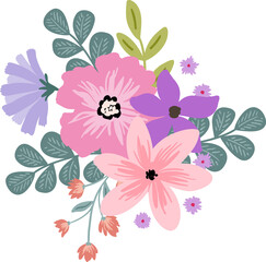 Vivid flowers bouquet PNG illustration element, flower composition, bright meadow floral arrangement