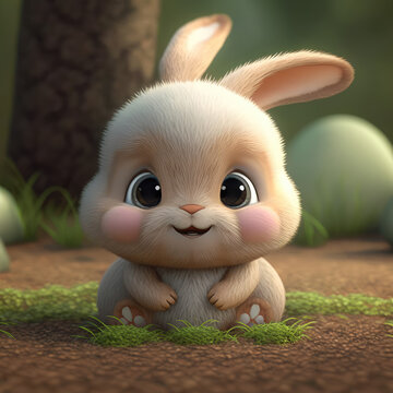 Cute small baby rabbit 3d character. Cartoon bunny with big eyes. 3d render illustration. Generative AI art. Farm animals set.
