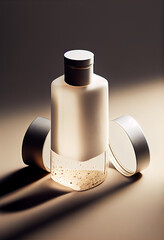 Glass cosmetics bottle on the dark background with shadow. AI Generated
