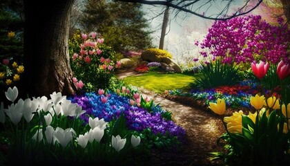 Experience the Splendor of Spring's Blooming Flowers background, A Symphony of Colors, Generative ai
