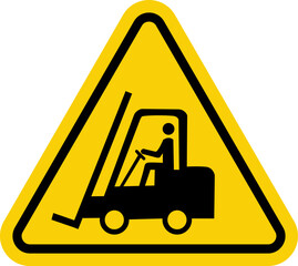 Sign for forklifts and other industrial vehicles. Yellow triangle warning sign with forklift icon inside. - obrazy, fototapety, plakaty