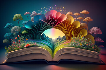 Fototapeta Illustration of a magical book that contains fantastic stories - AI generative obraz