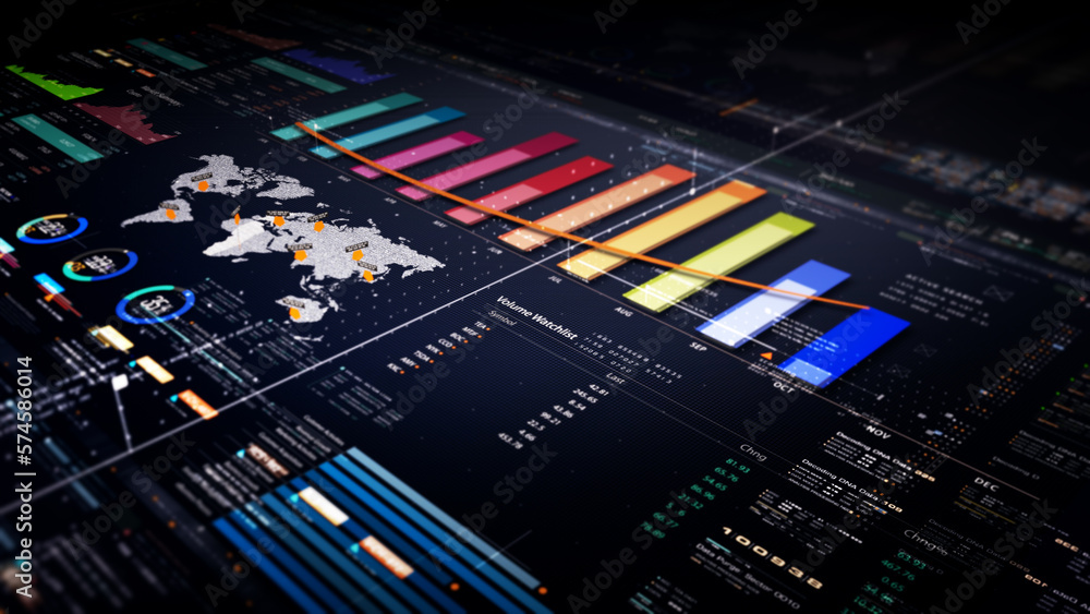 Leinwandbilder business stock market, trading, info graphic with animated graphs, charts and data numbers insight a
