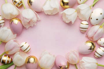 Easter golden eggs and pink tulips on pink  background.