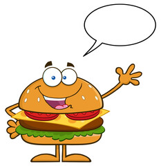 Happy Hamburger Cartoon Character Waving With Speech Bubble. Hand Drawn Illustration Isolated On Transparent Background
