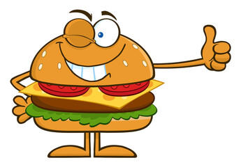 Winking Hamburger Cartoon Character Showing Thumbs Up. Hand Drawn Illustration Isolated On Transparent Background