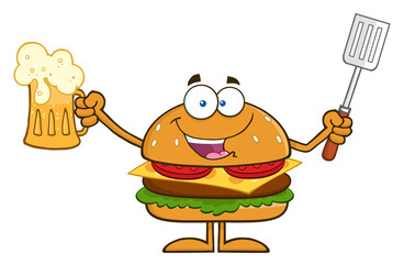 Happy Hamburger Cartoon Character Holding A Beer And Bbq Slotted Spatula. Hand Drawn Illustration Isolated On Transparent Background