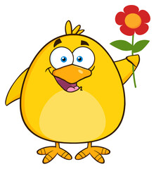 Happy Yellow Chick Cartoon Character With A Red Daisy Flower. Hand Drawn Illustration Isolated On Transparent Background