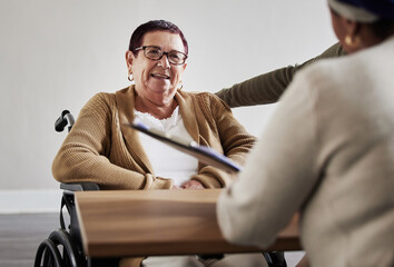 Disability consulting, legal meeting or senior woman planning on documents for compensation, will...