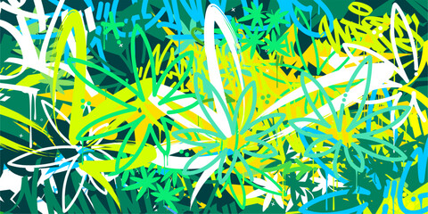 Trendy Colorful Abstract Urban Street Art Graffiti Style With Cannabis Leaves Vector Illustration Background Template