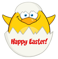 Surprise Yellow Chick Cartoon Character Out Of An Egg Shell. Hand Drawn Illustration Isolated On Transparent Background