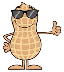 Funny Peanut Cartoon Mascot Character With Sunglasses Giving A Thumb Up. Hand Drawn Illustration Isolated On Transparent Background