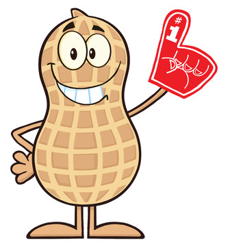 Smiling Peanut Cartoon Character Wearing A Foam Finger. Hand Drawn Illustration Isolated On Transparent Background