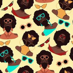 Pattern of modern African women in retro style and glasses. Curly-haired African-American women look at you in different glasses. Background for the optics store, packaging. Background in retro colors