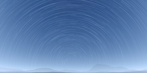 Blue night sky spinning stars trail texture. Stargazing mountains silhouette backdrop. Night stars...