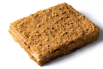 cake Medovik on white background. Close up view