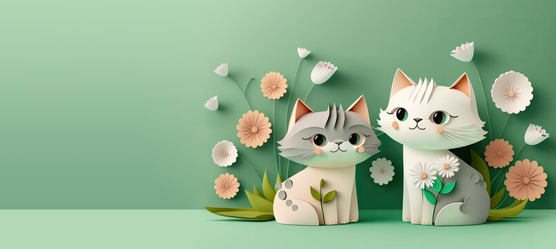 cute cartoon paper cut lovely cats sitting on green background with floral background horizontal banner