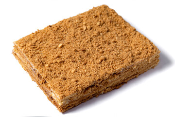 cake Medovik on white background. Close up view