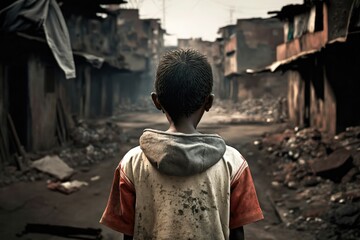 Obraz premium Hungry boy on the slum district. Back view. Generative AI