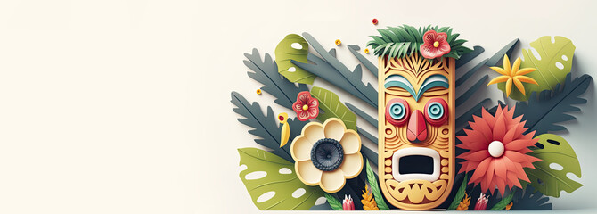 Tiki festival background with floral and tree ornament decoration, 3D with papercut style, banner with empty space