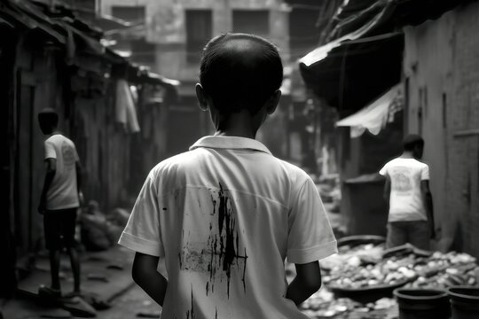 Hungry boy on the slum district. Back view. Black and white background. Generative AI