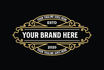 Round Golden Vintage Border Frame Royal Crown Badge Emblem Stamp Label Logo Design Vector