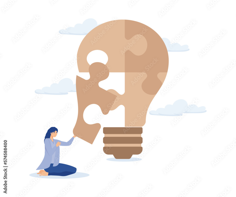 Aufkleber problem solver, smart businessman solving lightbulb idea puzzle by connecting last jigsaw piece, mod