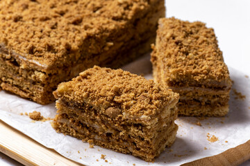 cake Medovik on background. Close up view