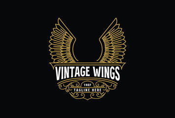 Golden Wings Border Frame Royal Crown Badge Emblem Stamp Label Logo Design Vector