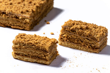 cake Medovik on background. Close up view