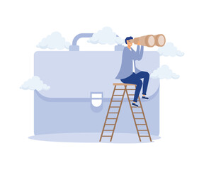 Career future, job promotion or business strategy concept, businessman climb up on briefcase, modern flat vector illustration