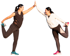 Two smiling beautiful asian middle aged women in sportswear stretching legs and give five. Cut out. Selfcare, healthy lifestyle concept.