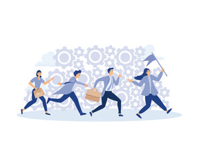Organization efficiency, business people running on rotating cogwheel or gear to drive business. modern flat vector illustration