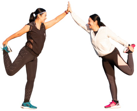 Two smiling beautiful asian middle aged women in sportswear stretching legs and give five. Cut out. Selfcare, healthy lifestyle concept. - Powered by Adobe
