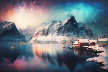 beautiful snowy mountain landscape with riverbeautiful snowy mountain landscape with river at night time