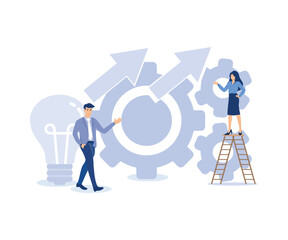 Process improvement, development to increase performance concept, businessman put gear into system, modern flat vector illustration