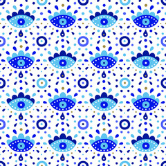 Background of Turkish evil eye symbols. Ethnic style blue greek protection from the spoilage signs with golden details. EPS 10 vector seamless pattern for wrapping paper, textile, package print