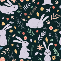 Rabbits in herbs and flowers seamless pattern. Cute baby background with hares. Rabbit print for textiles, wallpaper, fabric, design of things and objects. Botanical floral leaf template with animals