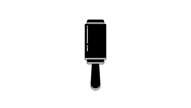 Black Adhesive roller for cleaning clothes icon isolated on white background. Getting rid of debris, dust, hair, fluff, pet wool. 4K Video motion graphic animation